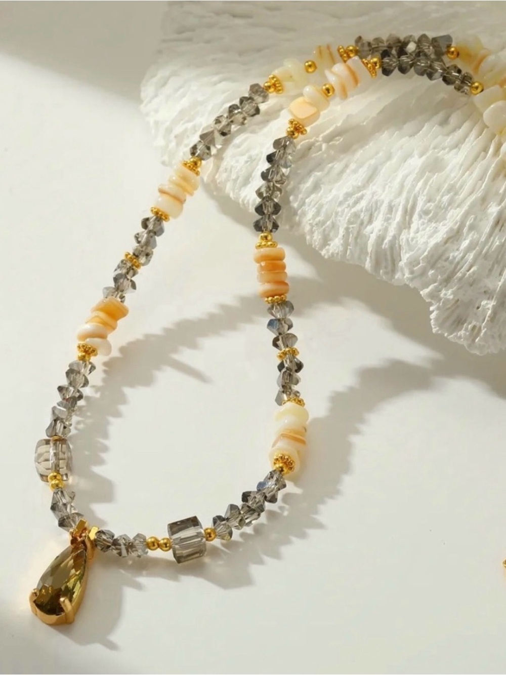 Smoky Crystal & Peach Shell Pendant Necklace